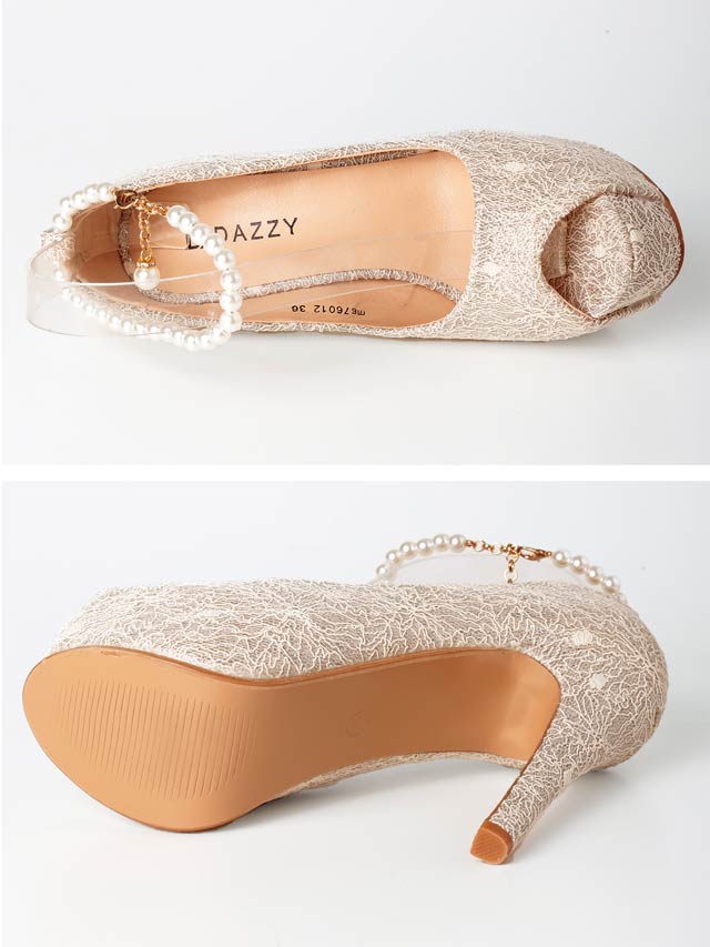 8/7再入荷![12cmヒール]レースラメパールストラップオープントゥパンプス[dazzyオリジナル]