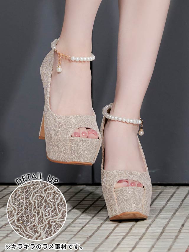 8/7再入荷![12cmヒール]レースラメパールストラップオープントゥパンプス[dazzyオリジナル]