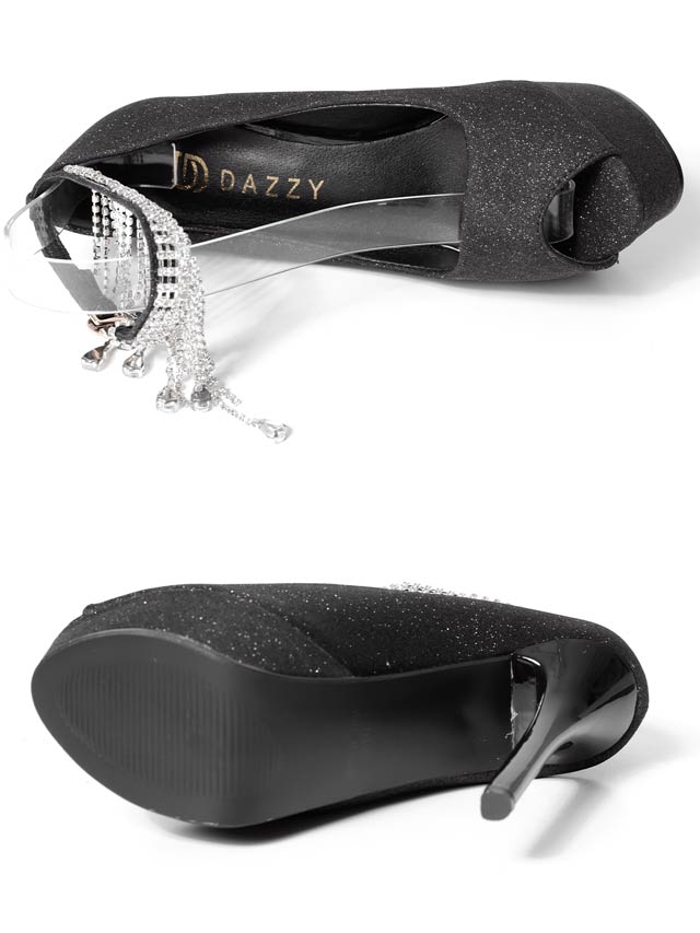 7/2新作![13.5cmヒール]ゴージャスラメビジューフリンジオープントゥパンプス[dazzyオリジナル]
