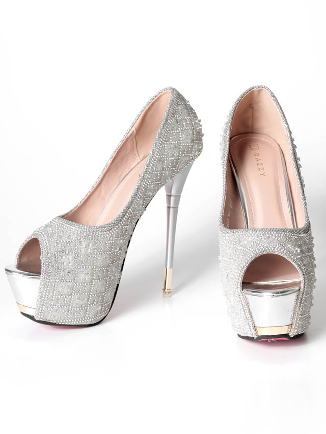 6/9新作![14.5cmヒール]グリッタービジューチェックオープントゥパンプス[dazzyオリジナル]