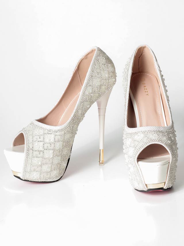 6/9新作![14.5cmヒール]グリッタービジューチェックオープントゥパンプス[dazzyオリジナル]