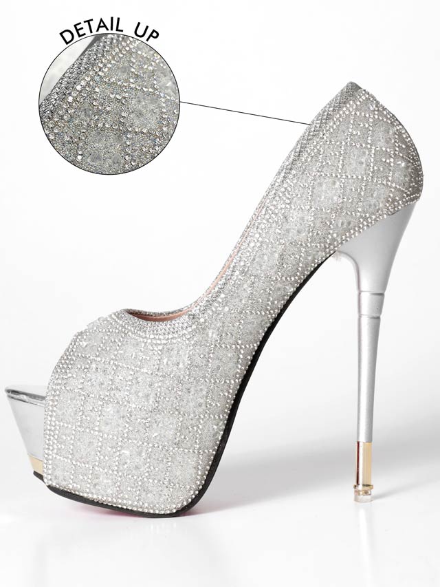 6/9新作![14.5cmヒール]グリッタービジューチェックオープントゥパンプス[dazzyオリジナル]