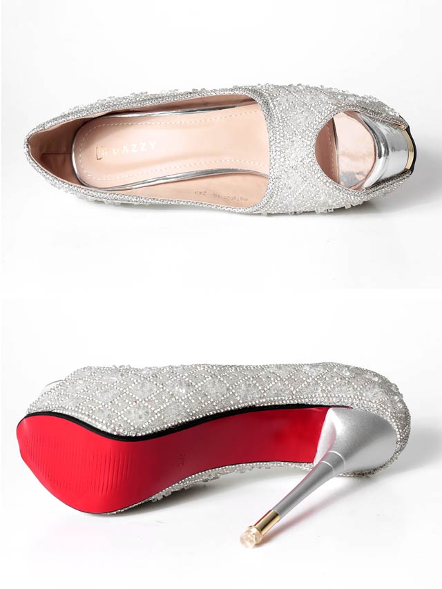 6/9新作![14.5cmヒール]グリッタービジューチェックオープントゥパンプス[dazzyオリジナル]