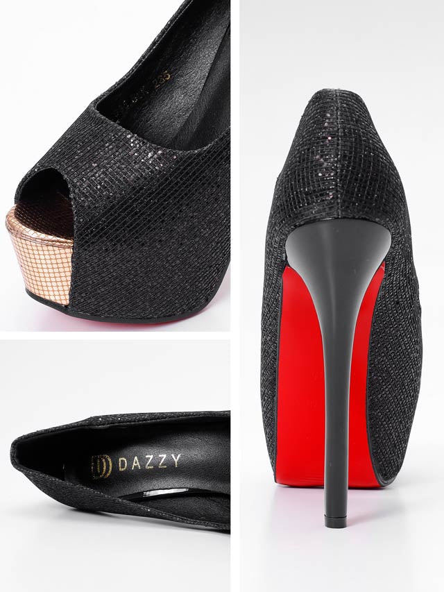 7/30新作![13.5cmヒール]グリッターシャイニーオープントゥパンプス[dazzyオリジナル]