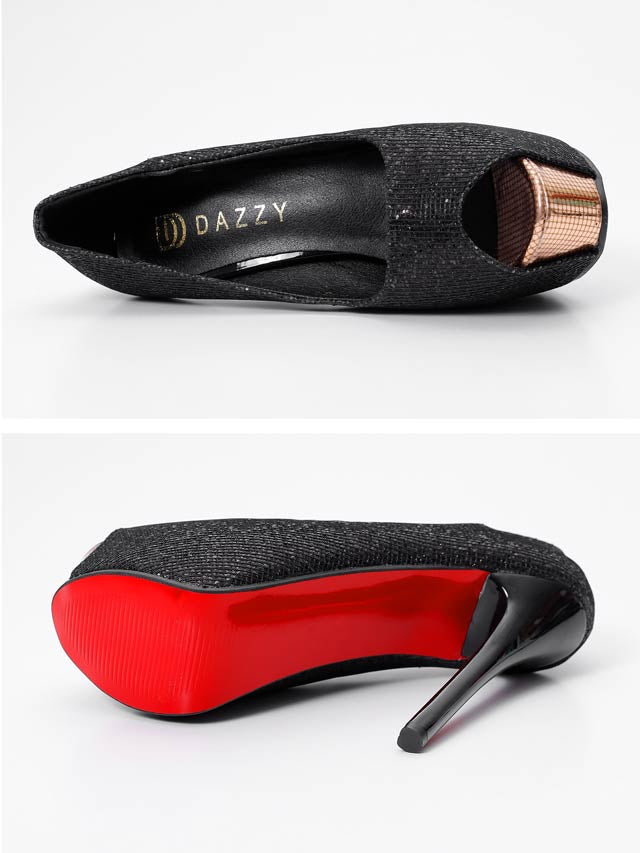 7/30新作![13.5cmヒール]グリッターシャイニーオープントゥパンプス[dazzyオリジナル]