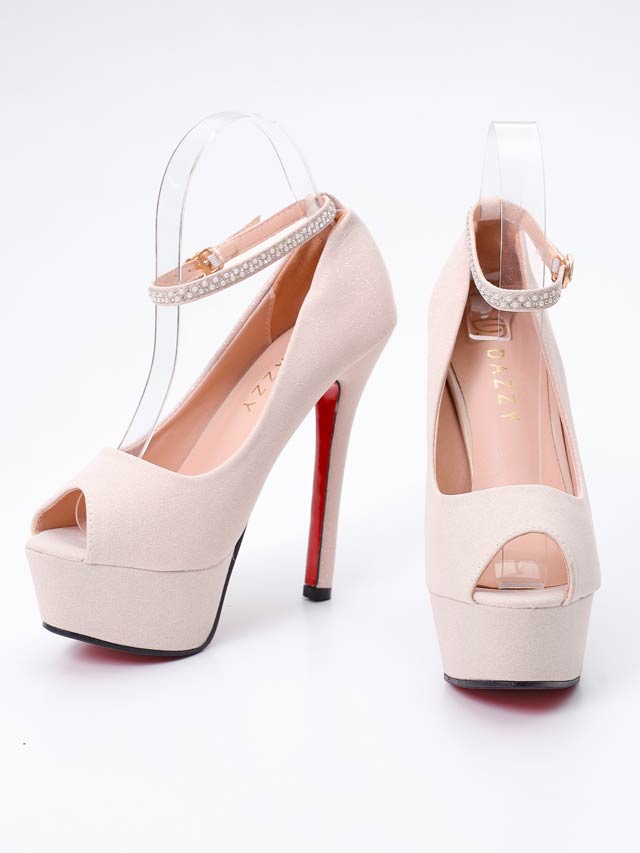 8/1新作![13.5cmヒール]グリッターパールビジューストラップ付きオープントゥパンプス[dazzyオリジナル]