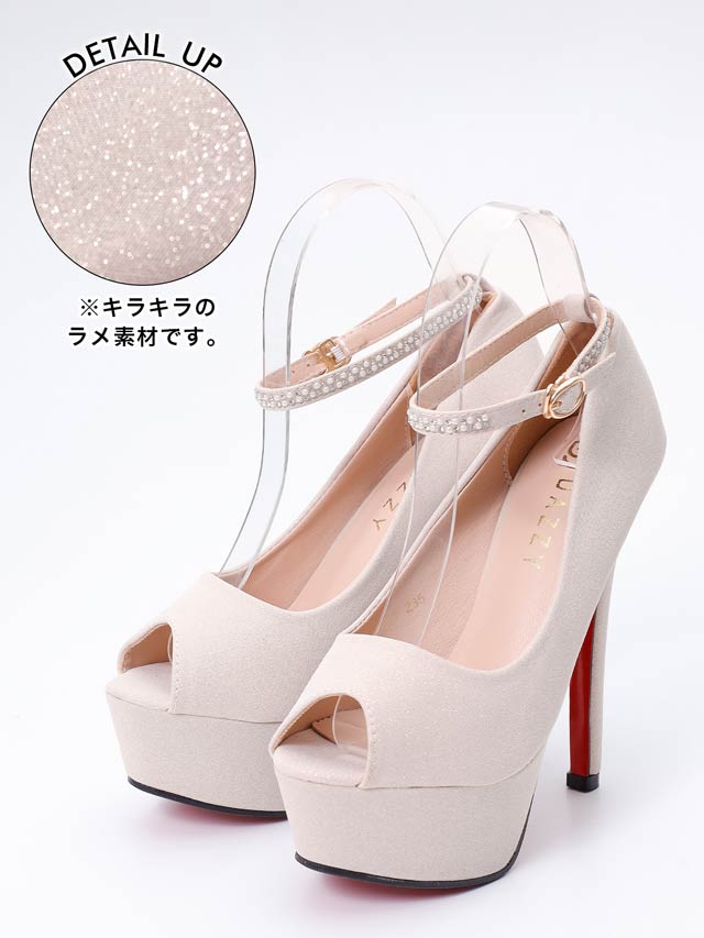 8/1新作![13.5cmヒール]グリッターパールビジューストラップ付きオープントゥパンプス[dazzyオリジナル]
