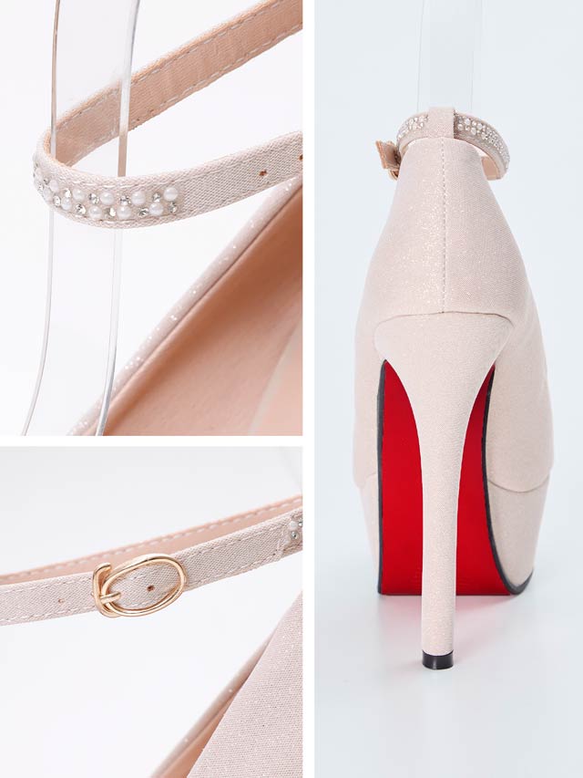 8/1新作![13.5cmヒール]グリッターパールビジューストラップ付きオープントゥパンプス[dazzyオリジナル]