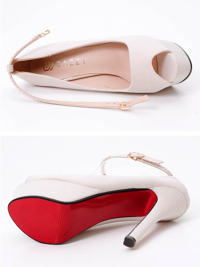 8/1新作![13.5cmヒール]グリッターパールビジューストラップ付きオープントゥパンプス[dazzyオリジナル]