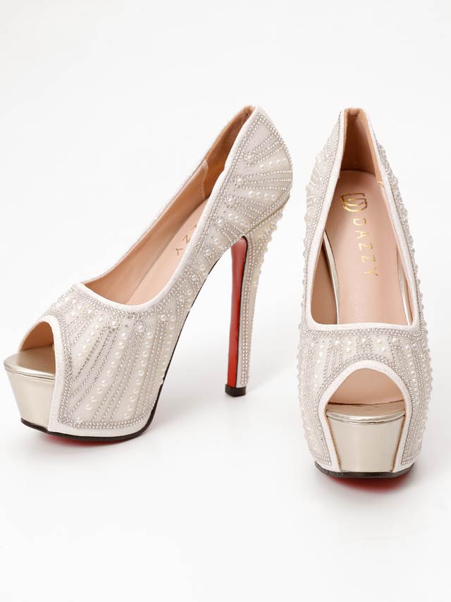 7/16新作![14cmヒール]グリッターパールラインストーンオープントゥパンプス[dazzyオリジナル]