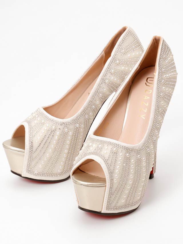 7/16新作![14cmヒール]グリッターパールラインストーンオープントゥパンプス[dazzyオリジナル]