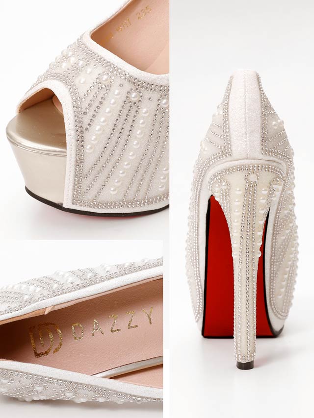 7/16新作![14cmヒール]グリッターパールラインストーンオープントゥパンプス[dazzyオリジナル]