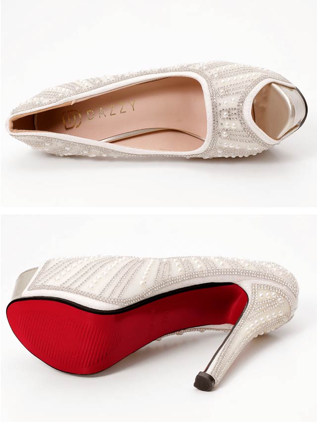 7/16新作![14cmヒール]グリッターパールラインストーンオープントゥパンプス[dazzyオリジナル]