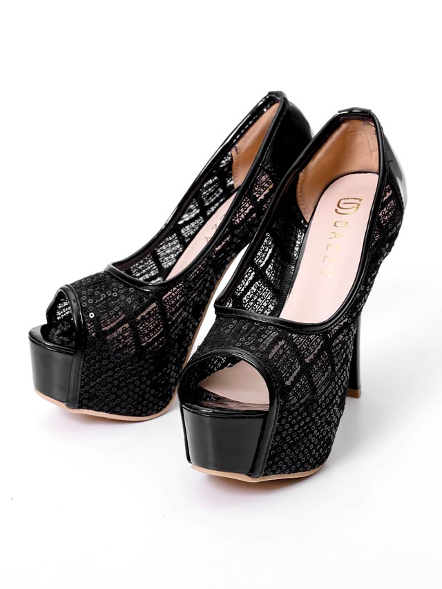 7/25新作![13.5cmヒール]スパンコールメッシュオープントゥパンプス[dazzyオリジナル]