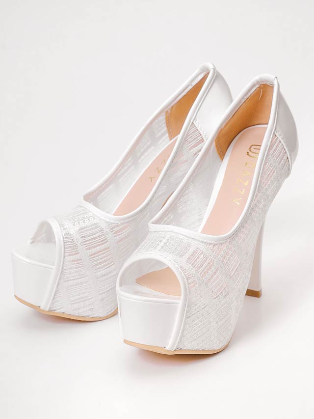 7/25新作![13.5cmヒール]スパンコールメッシュオープントゥパンプス[dazzyオリジナル]