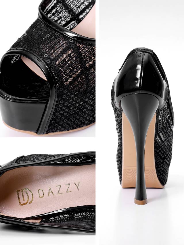 7/25新作![13.5cmヒール]スパンコールメッシュオープントゥパンプス[dazzyオリジナル]