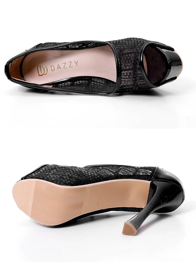 7/25新作![13.5cmヒール]スパンコールメッシュオープントゥパンプス[dazzyオリジナル]