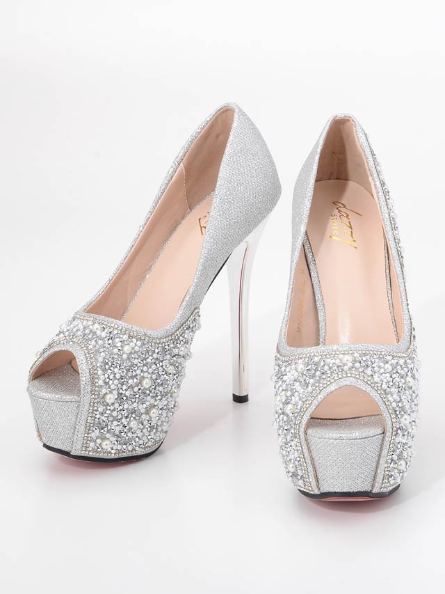 7/15再入荷!  [14cmヒール]パールビジューオープントゥパンプス[dazzyオリジナル]