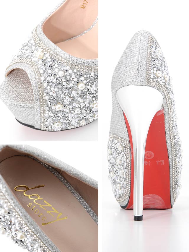 7/15再入荷!  [14cmヒール]パールビジューオープントゥパンプス[dazzyオリジナル]