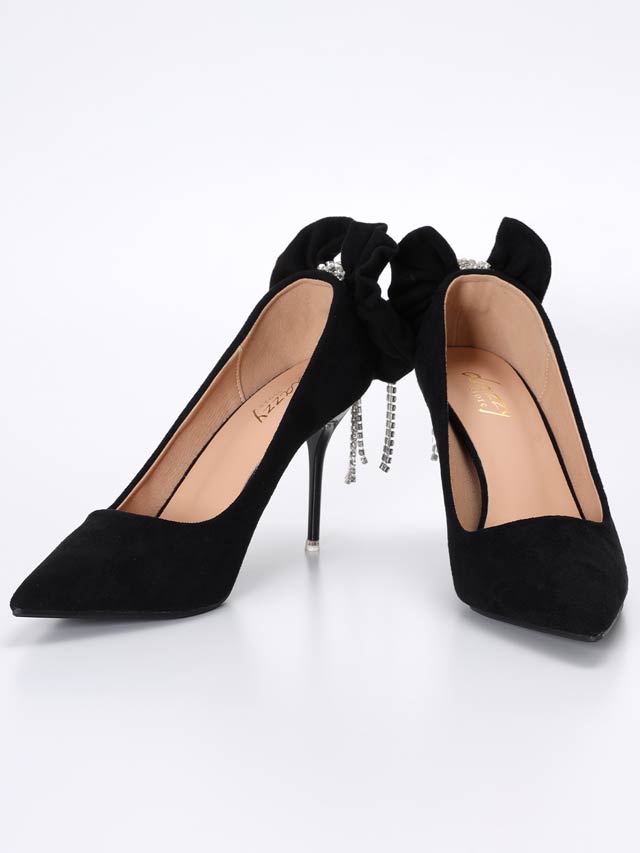 7/15再入荷! [9cmヒール]フリンジラインストーンリボンポインテッドトゥパンプス[dazzyオリジナル]