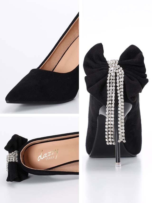 7/15再入荷! [9cmヒール]フリンジラインストーンリボンポインテッドトゥパンプス[dazzyオリジナル]