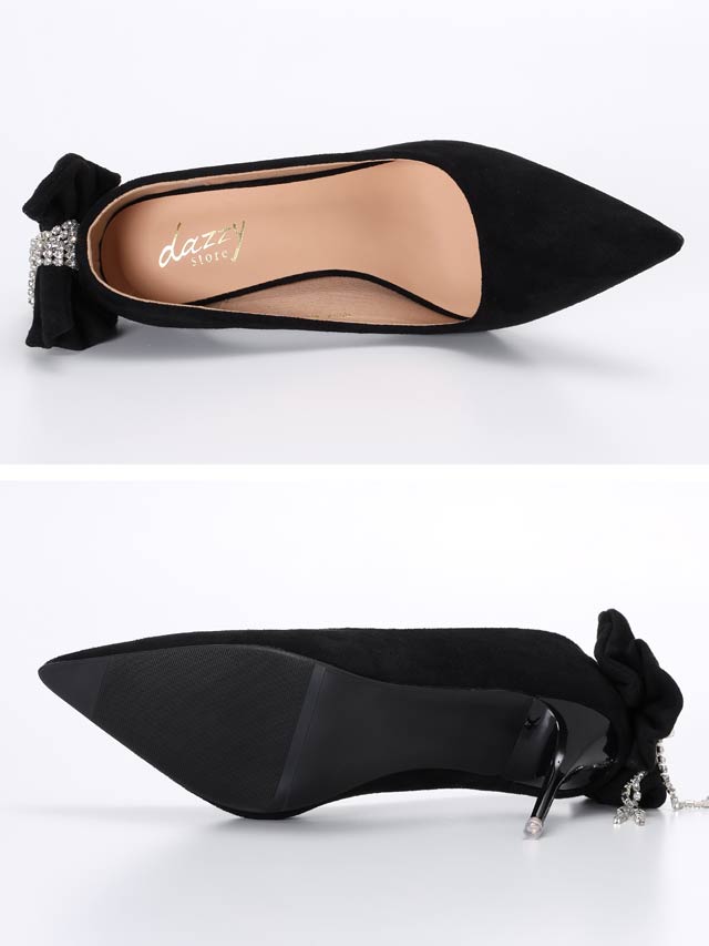 7/15再入荷! [9cmヒール]フリンジラインストーンリボンポインテッドトゥパンプス[dazzyオリジナル]