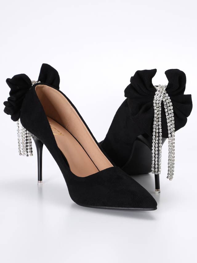 7/15再入荷! [9cmヒール]フリンジラインストーンリボンポインテッドトゥパンプス[dazzyオリジナル]