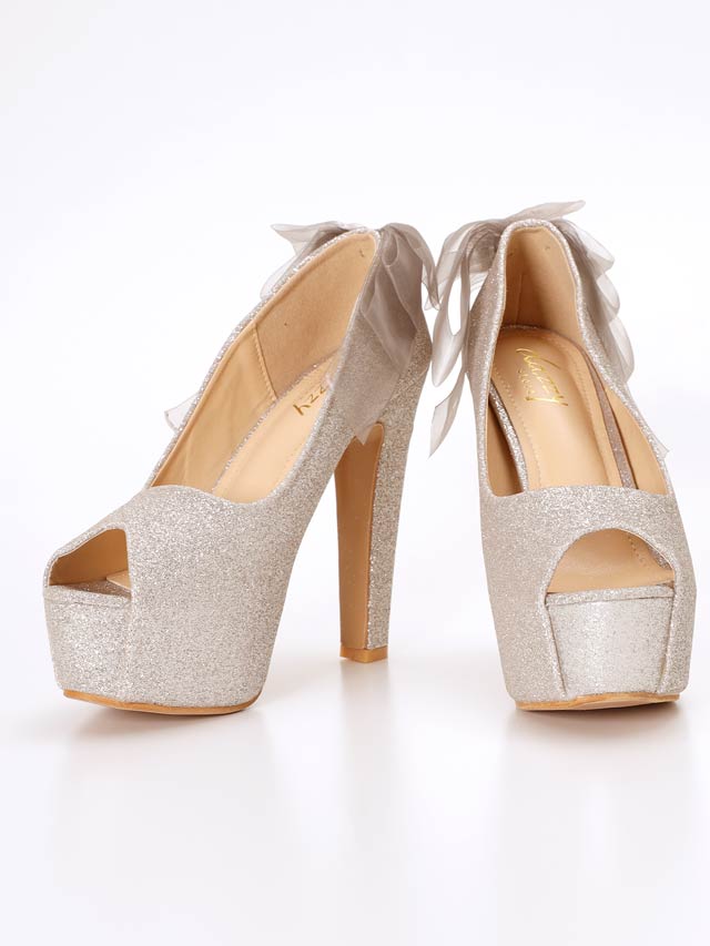 7/8再入荷![13cmヒール]シフォンリボングリッターオープントゥパンプス[dazzyオリジナル]