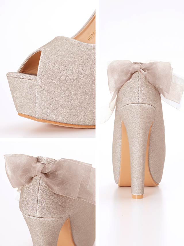 7/8再入荷![13cmヒール]シフォンリボングリッターオープントゥパンプス[dazzyオリジナル]