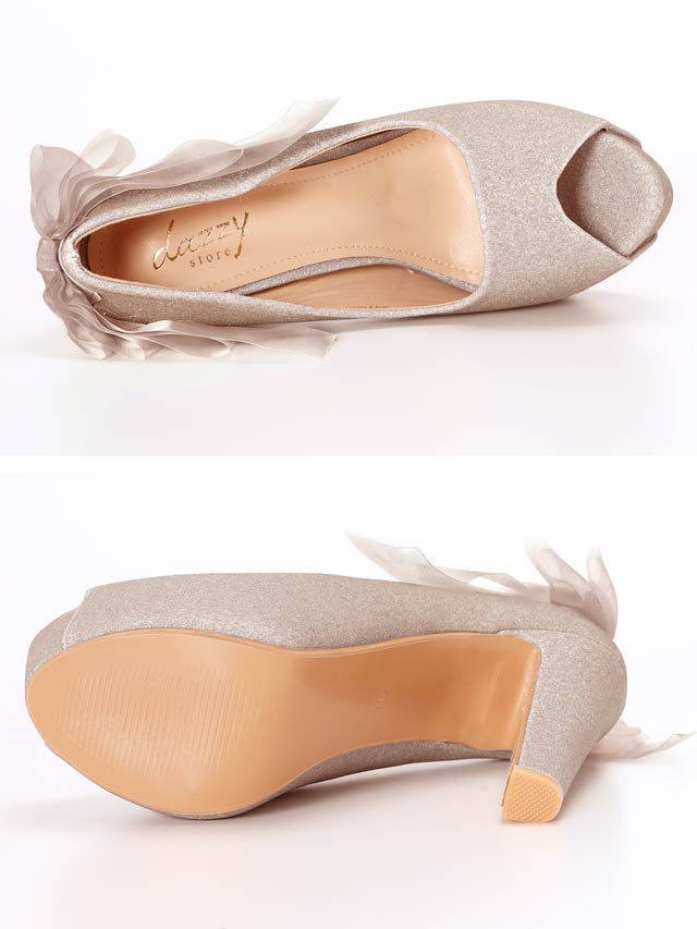 7/8再入荷![13cmヒール]シフォンリボングリッターオープントゥパンプス[dazzyオリジナル]