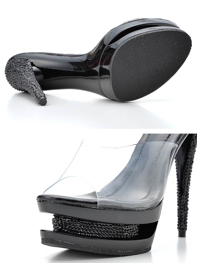 7/10再入荷![14cmヒール]ラインストーンクリア美脚オープントゥサンダル