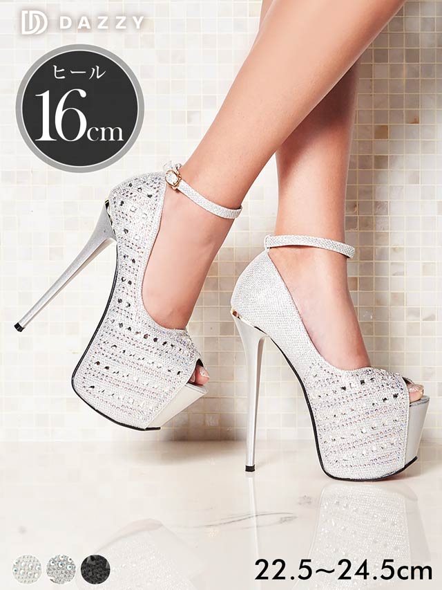 7/25再入荷![16cmヒール]ストラップ付きビジューオープントゥパンプス
