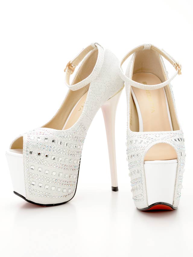 7/25再入荷![16cmヒール]ストラップ付きビジューオープントゥパンプス