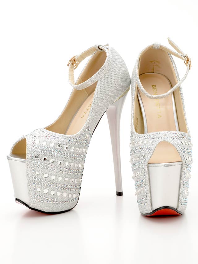 7/25再入荷![16cmヒール]ストラップ付きビジューオープントゥパンプス