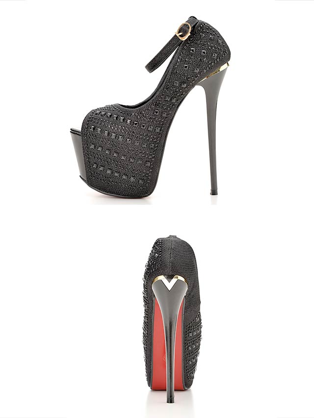 7/25再入荷![16cmヒール]ストラップ付きビジューオープントゥパンプス