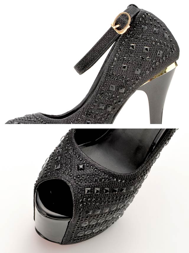 7/25再入荷![16cmヒール]ストラップ付きビジューオープントゥパンプス