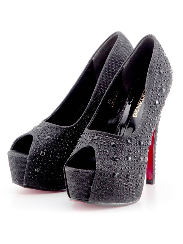 7/25再入荷![14cmヒール]ビジュー付きオープントゥ美脚パンプス