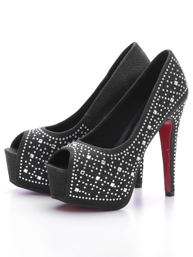 7/25再入荷![14cmヒール]ビジュー付きオープントゥ美脚パンプス