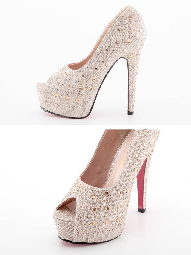 7/25再入荷![14cmヒール]ビジュー付きオープントゥ美脚パンプス