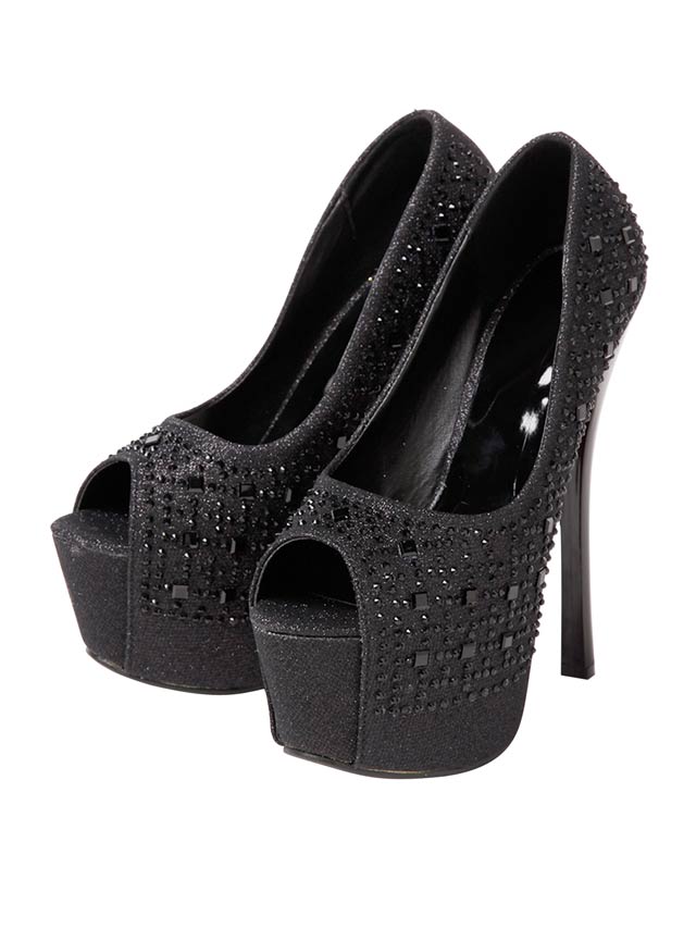 7/25再入荷![16cmヒール]美脚前厚ストームラインストーンパンプス