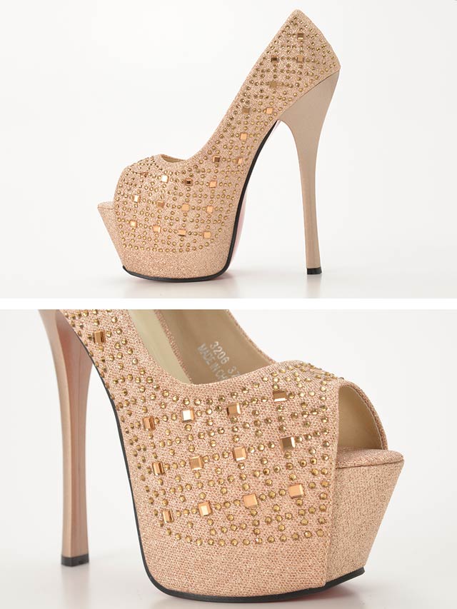 7/25再入荷![16cmヒール]美脚前厚ストームラインストーンパンプス