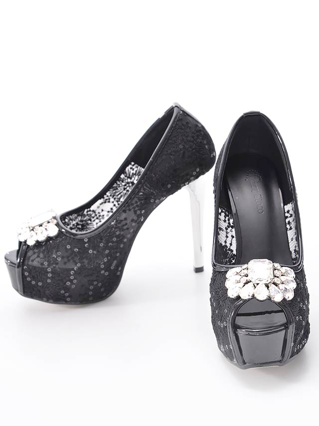 7/25再入荷![12cmヒール]メッシュ×スパンコールビジューオープントゥパンプス