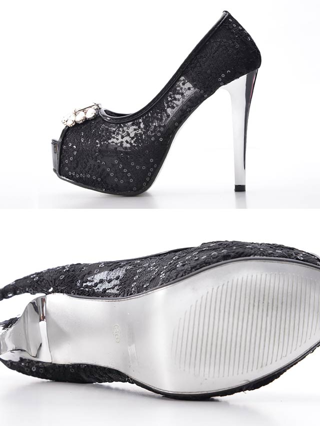 7/25再入荷![12cmヒール]メッシュ×スパンコールビジューオープントゥパンプス