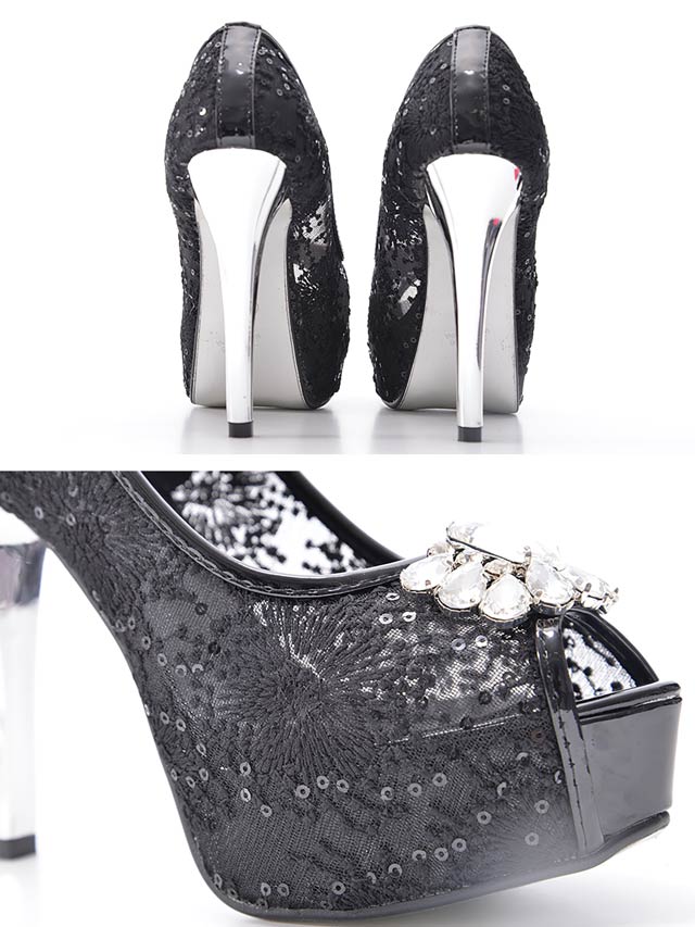 7/25再入荷![12cmヒール]メッシュ×スパンコールビジューオープントゥパンプス