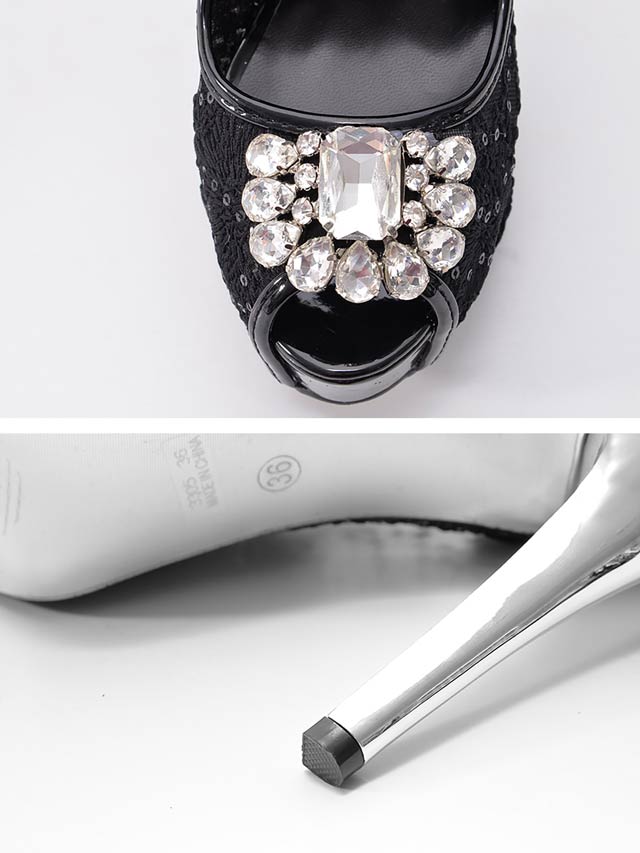 7/25再入荷![12cmヒール]メッシュ×スパンコールビジューオープントゥパンプス