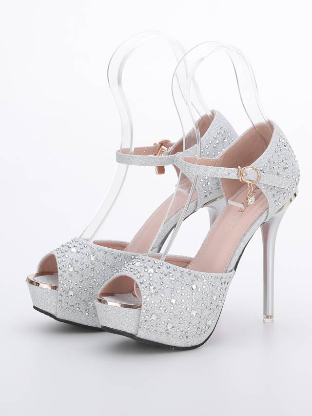7/25再入荷![12.5cmヒール]ビジューストラップ付ラメサンダル