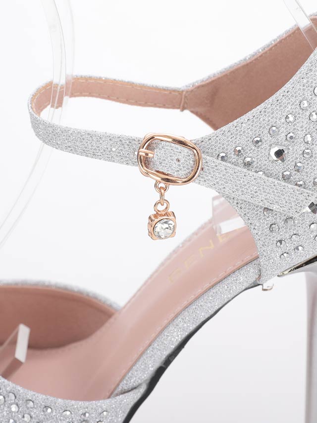 7/25再入荷![12.5cmヒール]ビジューストラップ付ラメサンダル