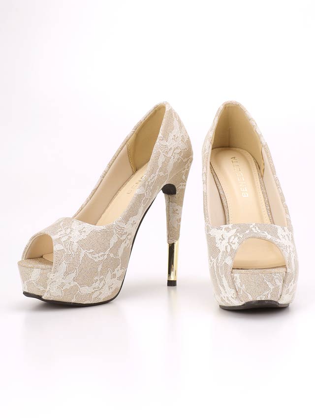 7/25再入荷![13cmヒール]フラワーレースヒール切り替えオープントゥパンプス[dazzyオリジナル]