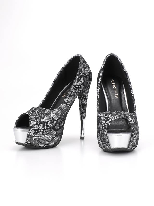 7/25再入荷![13cmヒール]フラワーレースヒール切り替えオープントゥパンプス[dazzyオリジナル]