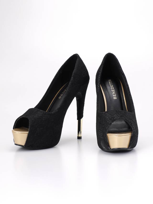 7/25再入荷![13cmヒール]フラワーレースヒール切り替えオープントゥパンプス[dazzyオリジナル]